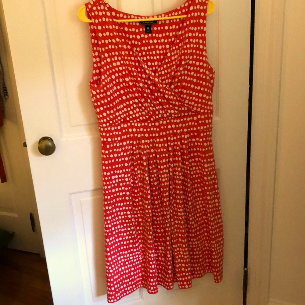 Pretty, classic and very comfortable Lands End red white polka dot dress